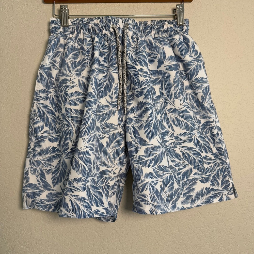 Michaels Swim Trunks Blue‎ Leaf Print Drawstring Waist Beach Shorts S